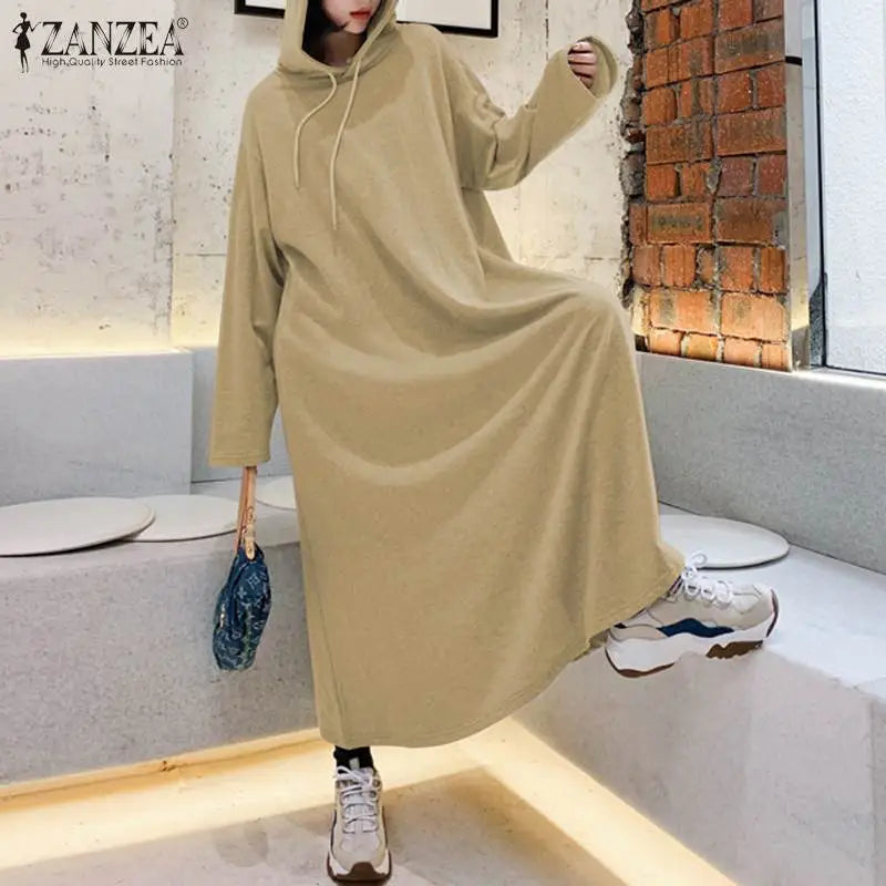 Stylish Hooded Hoodies Dress Women Autumn Sweatshirts Casual Long Sleeve Maxi  Female Solid Robe