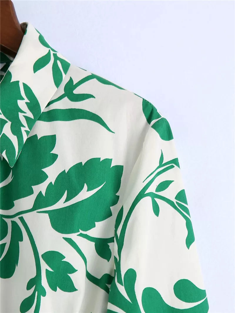 Women Green Floral Midi Dress With Belt Vintage Three Quarter Sleeve Dress Female Outwear Vestidos