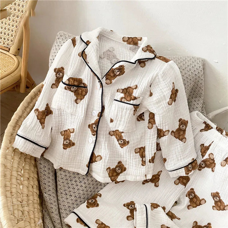 Cotton Yarn Kids Full Bear Pajamas Set Soft Beathable Cardigan And Pants Home Sleepwear Outfit