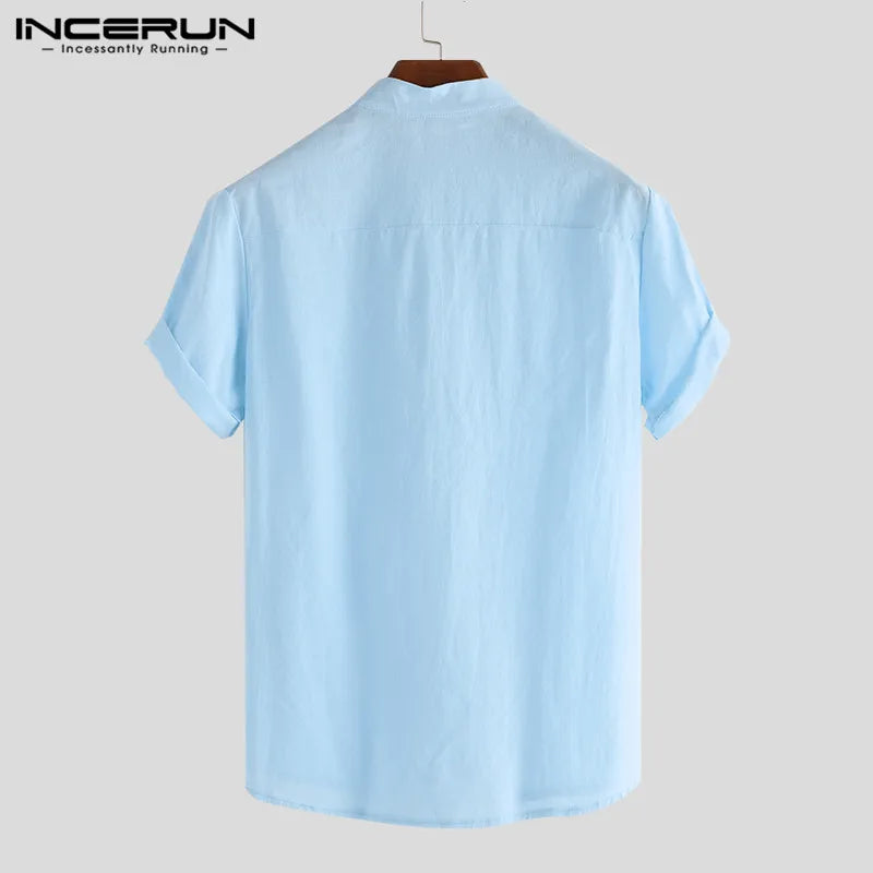 Summer Casual Men Shirts Stand Collar Solid Cotton Blouse Short Sleeve Streetwear Brand Shirts Harajuku Camisas Hombre