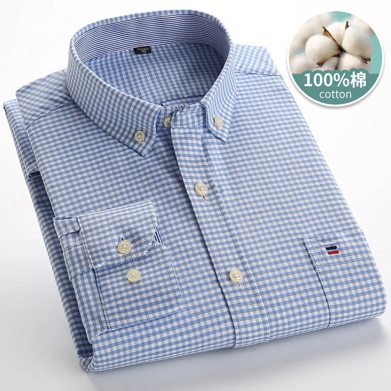 Mens Striped Shirts 100% Cotton Oxford Long Sleeve Plaid Solid Color Casual Shirts for Business Men Daily Use