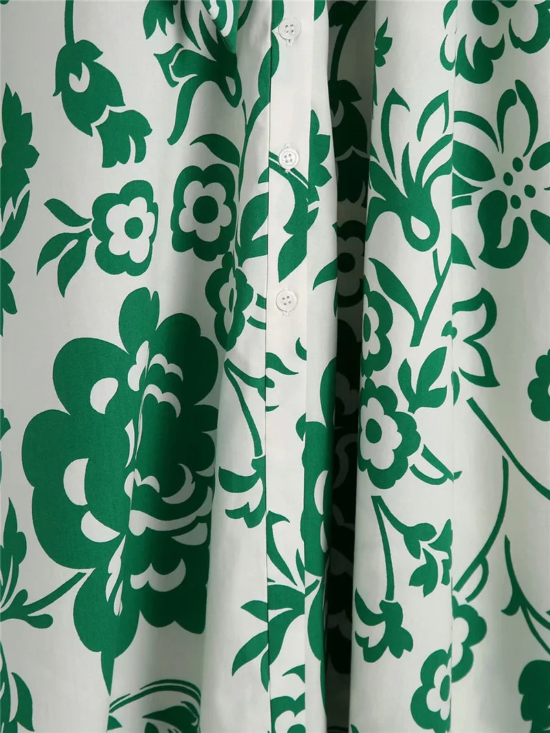 Women Green Floral Midi Dress With Belt Vintage Three Quarter Sleeve Dress Female Outwear Vestidos
