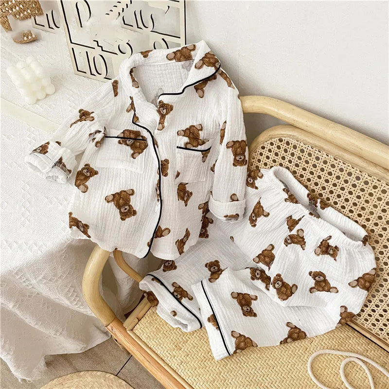 Cotton Yarn Kids Full Bear Pajamas Set Soft Beathable Cardigan And Pants Home Sleepwear Outfit