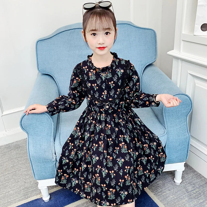 Cotton Baby Girls Dresses Spring Autumn Long Sleeve Floral Print Kids Clothes for Teens Outfits Vestidos