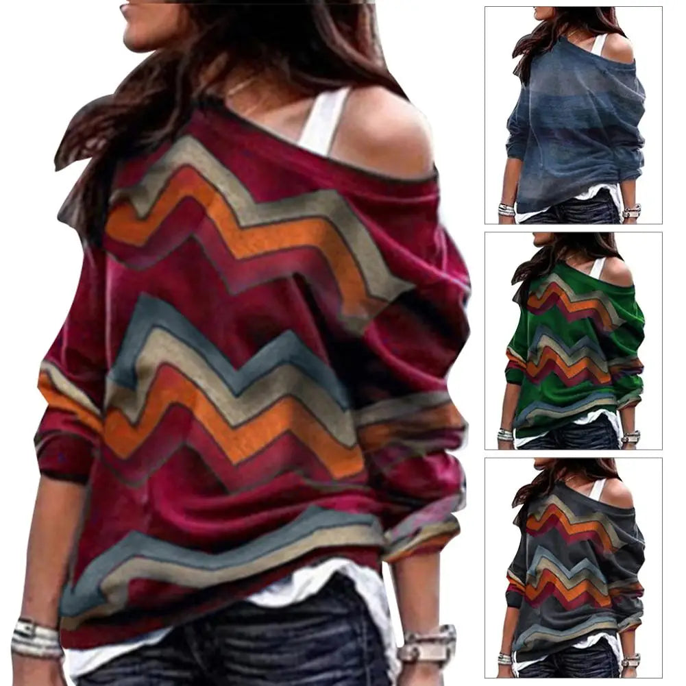 Women Geometric Print Single Off-shoulder Long Sleeve Pullover Blouse