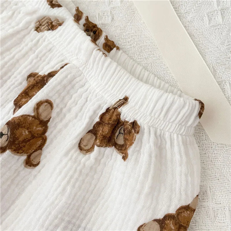 Cotton Yarn Kids Full Bear Pajamas Set Soft Beathable Cardigan And Pants Home Sleepwear Outfit