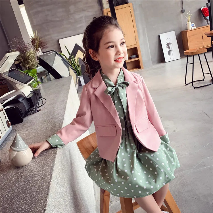 Kids School Outfits Blazer Jacket + Dress 2PCS Tuxedos Suit for Girls Formal Wedding Suit Sets Children Clothes 4 6 8 10 14 Year