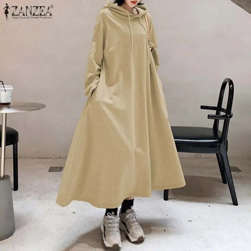 Stylish Hooded Hoodies Dress Women Autumn Sweatshirts Casual Long Sleeve Maxi  Female Solid Robe