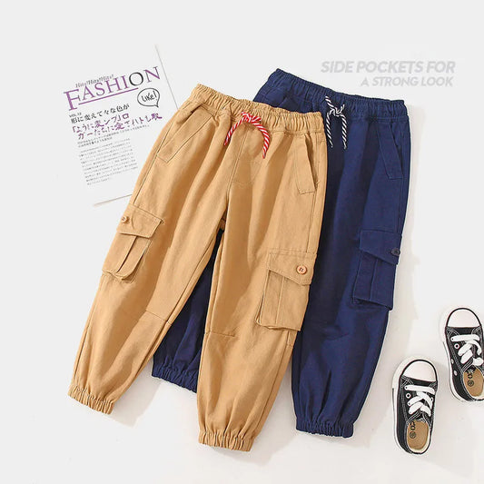 Spring Autumn Casual 3 4 6 8 10 Years Children's Solid Trousers Big Pocket Drawstring Long Cargo Pants For Kids Baby Boys