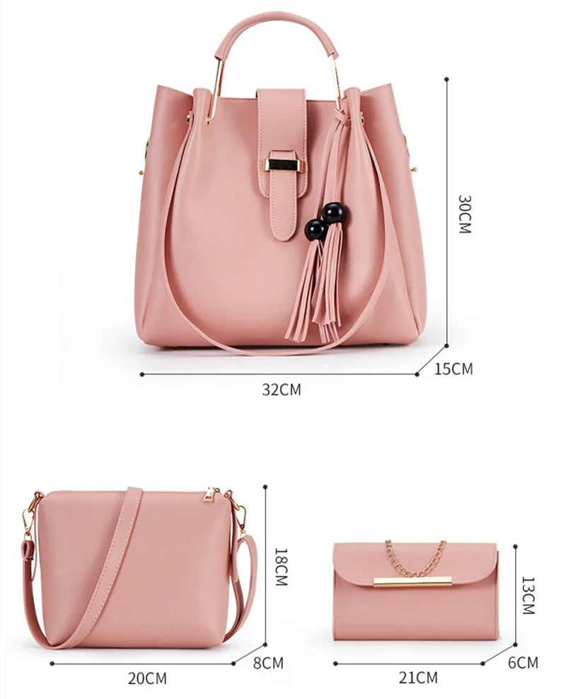 Fashion Women Bucket Handbag Large Capacity PU Leather Shoulder Bag Female  Wild 3 Pcs Set Retro Tote Tassel Messenger Bags