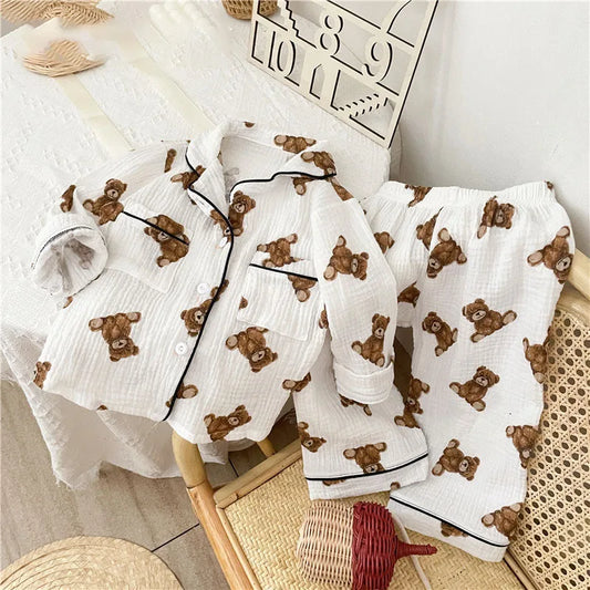 Cotton Yarn Kids Full Bear Pajamas Set Soft Beathable Cardigan And Pants Home Sleepwear Outfit