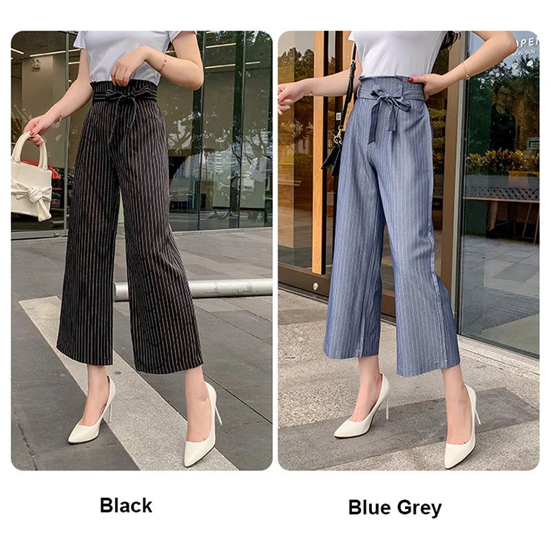 Wide Leg Pants Elastic High Waist Woman Plaid Striped Bottom Capris Pant Summer Wear Loose Stripe Bow Tie Women Cropped Trousers