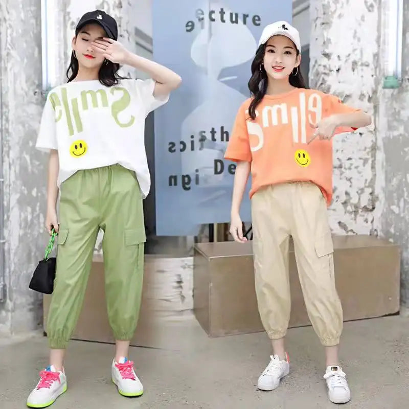 Teenage Summer Girls Clothes Sets Outfits Kids Short Sleeve T-shirt + Long Pants 2PCS Children Clothing 6 8 10 12 14 Year