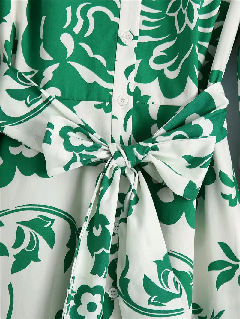 Women Green Floral Midi Dress With Belt Vintage Three Quarter Sleeve Dress Female Outwear Vestidos