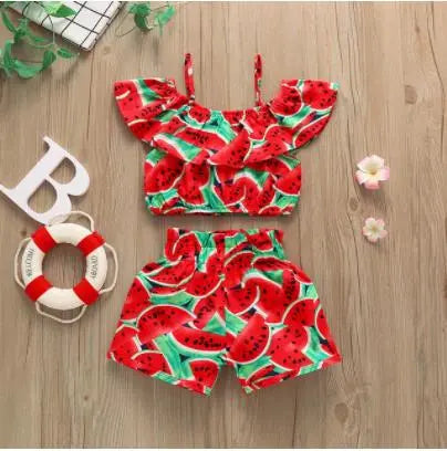 1-6 Year Old Toddler Baby Girl Clothes Watermelon Sunflower Print Ruffle Drop Shoulder Strap Top Shorts 2-Piece Summer Set
