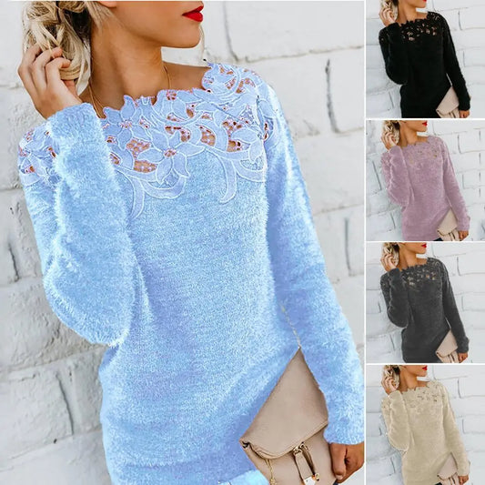 Loose dress Sweater  Women Solid Color Long Sleeve O Neck Floral Lace Pullover vest Sweater