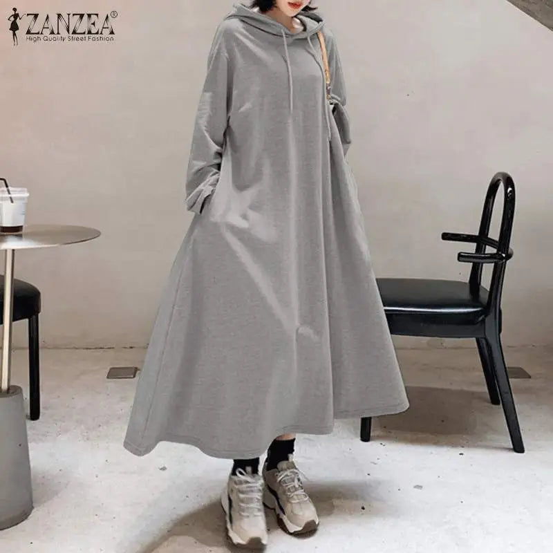 Stylish Hooded Hoodies Dress Women Autumn Sweatshirts Casual Long Sleeve Maxi  Female Solid Robe