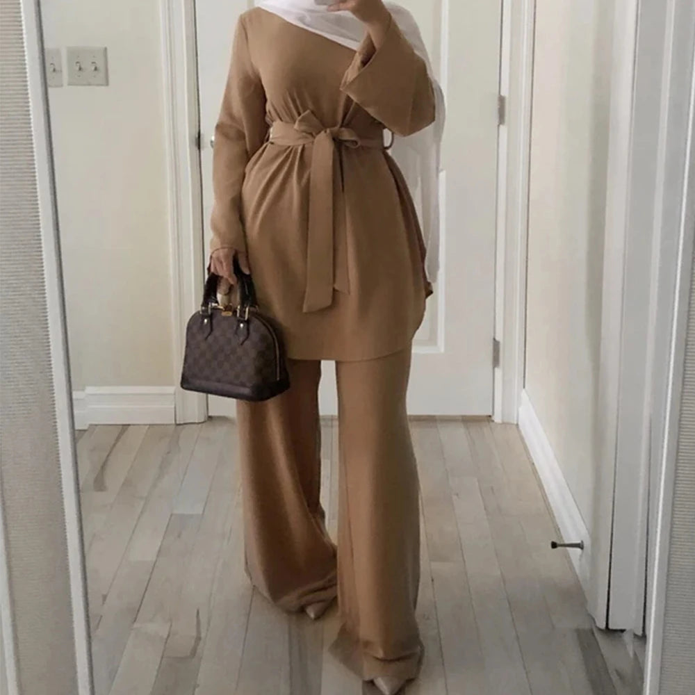 Abaya Hijab Two-piece Muslim Sets Dress Caftan Kaftans Islam Clothing 2 Piece Set Women Loose Wide Leg Pants