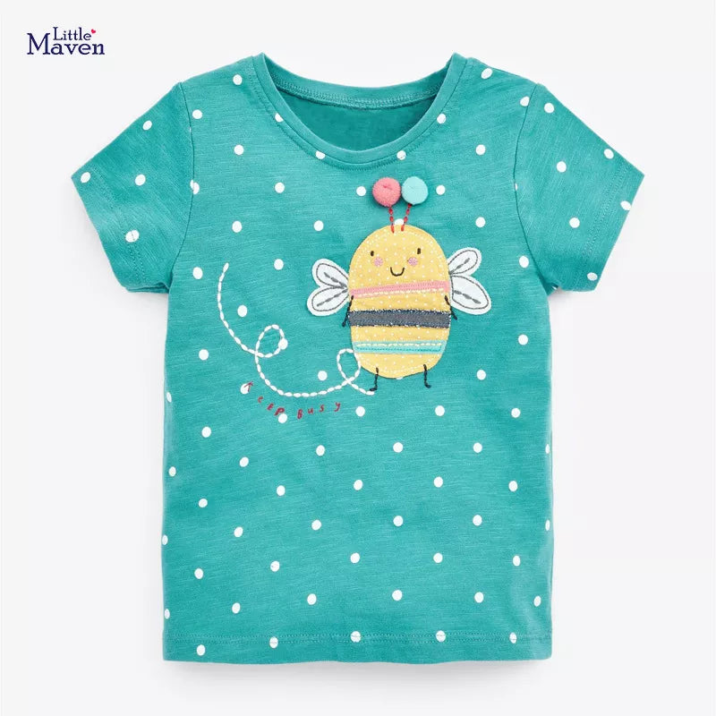 Little maven  Cotton T-shirt Short Sleeves Summer Clothes with Little Bees Lovely for Baby Girls Kids 2 to 7 year