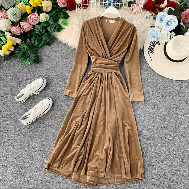 Vintage Long Sleeve V-Neck Bandage Dresses High Waist Elegant Black Party Dress Spring New Women Velvet Dress