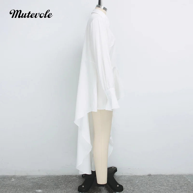 Casual Flare Sleeve Irregular Blouse Shirt Women Sexy Asymmetrical Long Shirt Fashion Front Button White High Low Tops