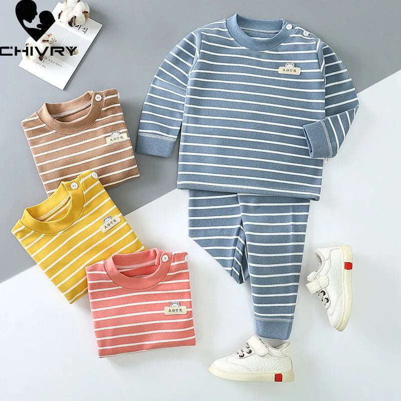 New Kids Boys Girls Pajama Sets Striped Long Sleeve O-Neck T-Shirt Tops with Pants Toddler Autumn Warm Sleeping Clothes Set kids girls boys toddlers