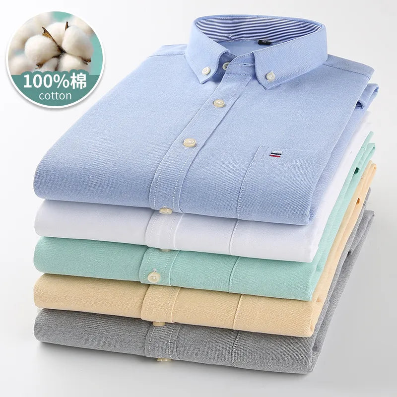 Mens Striped Shirts 100% Cotton Oxford Long Sleeve Plaid Solid Color Casual Shirts for Business Men Daily Use