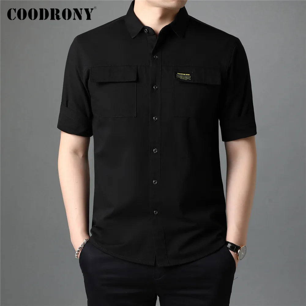 Spring Summer High Quality Streetwear Fashion Style Big Pocket 100% Cotton Half Sleeve Shirt Men Clothing C6056S