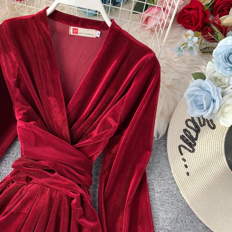 Vintage Long Sleeve V-Neck Bandage Dresses High Waist Elegant Black Party Dress Spring New Women Velvet Dress
