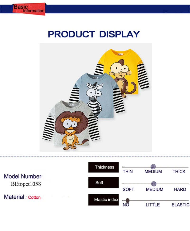 Boys Children's T-shirts Cartoon Cute Animal Pattern Stripe Shirts Casual Crew Neck for Long Sleeve Top Clothes kids girls boys toddlers