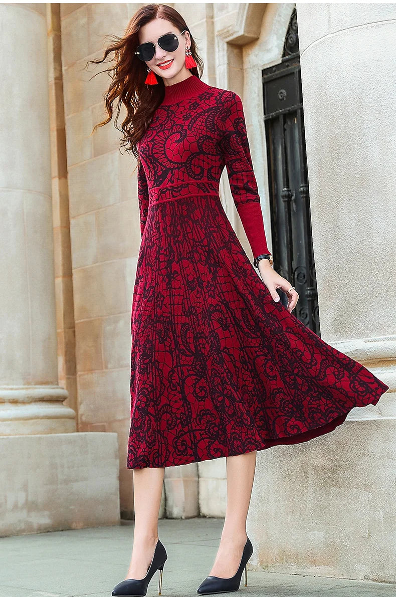 Red autumn/winter  new turtle neck long sleeve cultivate one's temperament sweater knitting dress knee-length dress