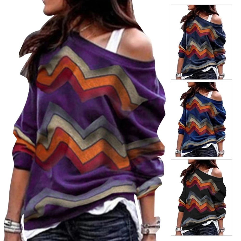 Women Geometric Print Single Off-shoulder Long Sleeve Pullover Blouse