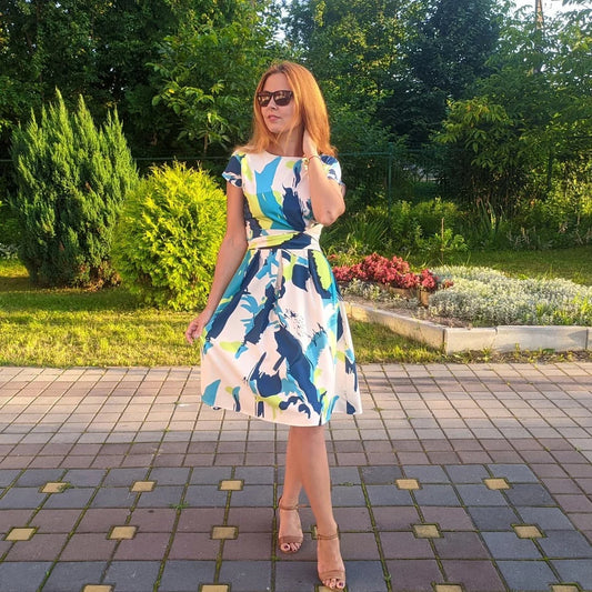 Summer Runway French Short Sleeve Women's O Neck Slim  Multicolor Floral Print Vintage Elegant Knee Length Casual Dresses