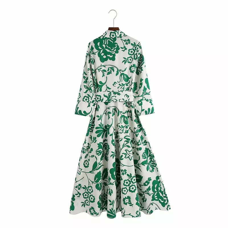 Women Green Floral Midi Dress With Belt Vintage Three Quarter Sleeve Dress Female Outwear Vestidos