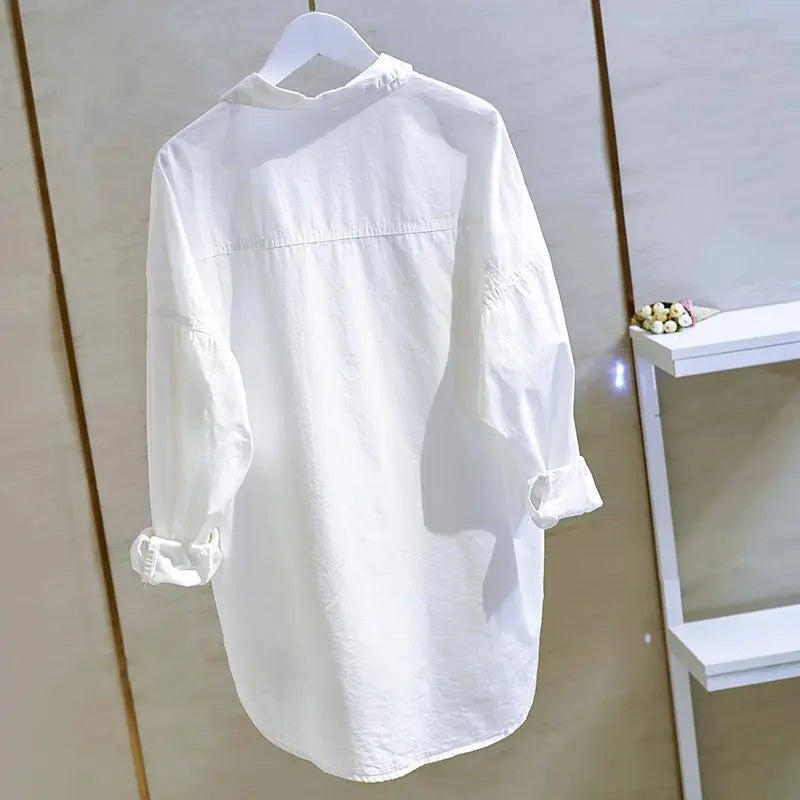 Shirts Womens  Korean Fashionable Double Pocket Long Sleeve Cotton White Tops Female  Boy Friend Style Trend Blouse
