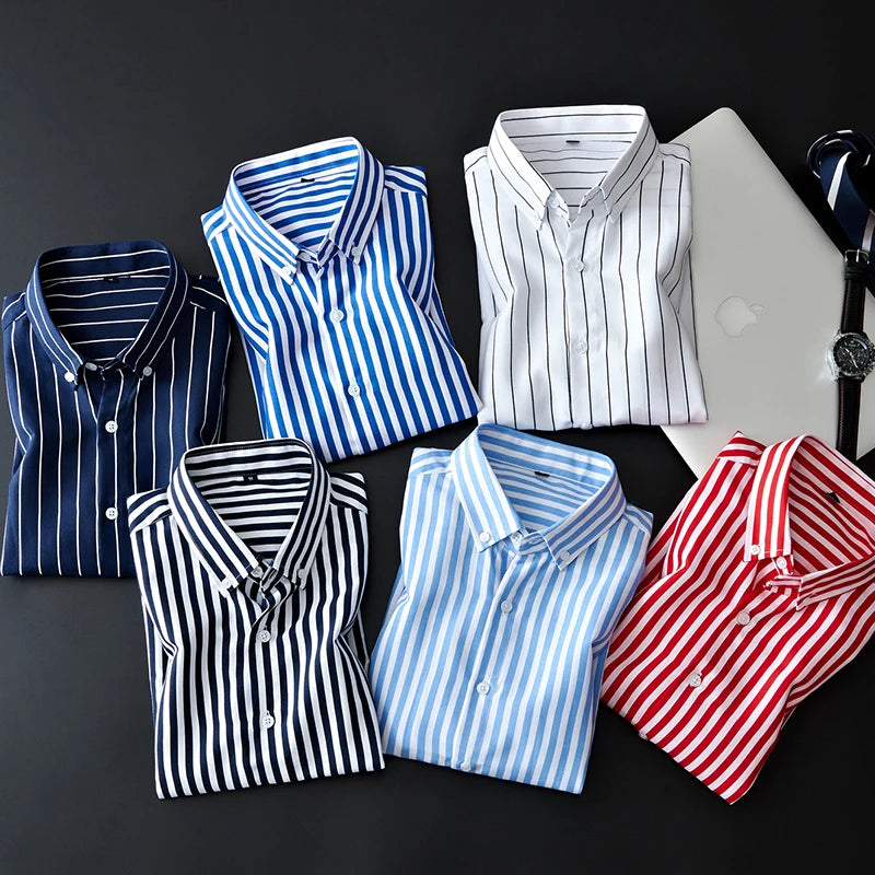 Mens Business Casual Long Sleeved Shirt Men M- 5XL Plus Size Shirt Classic Striped Male Social Dress Shirts Outwear