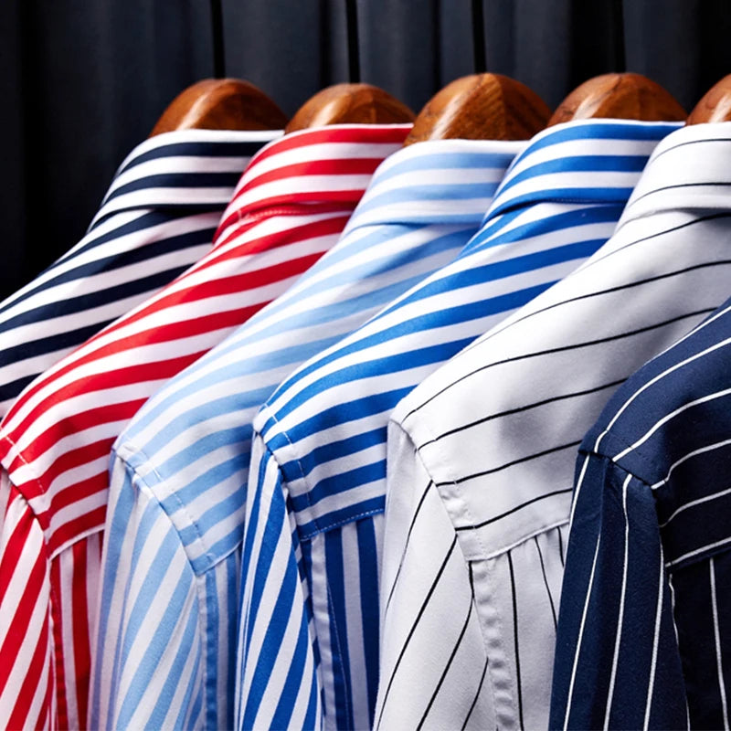 Mens Business Casual Long Sleeved Shirt Men M- 5XL Plus Size Shirt Classic Striped Male Social Dress Shirts Outwear