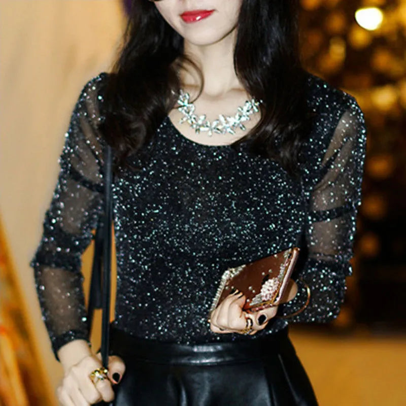 Women's Sexy Mesh Blouse Long Sleeve Transparent Shining Elegant Shirt Fashion Women Tops