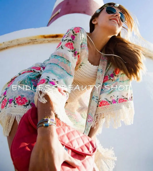 New Fashion Shirts Women Fringe Floral Kimono Cardigan Tassels Beach Cover-Up Cape Blouse Woman Tops