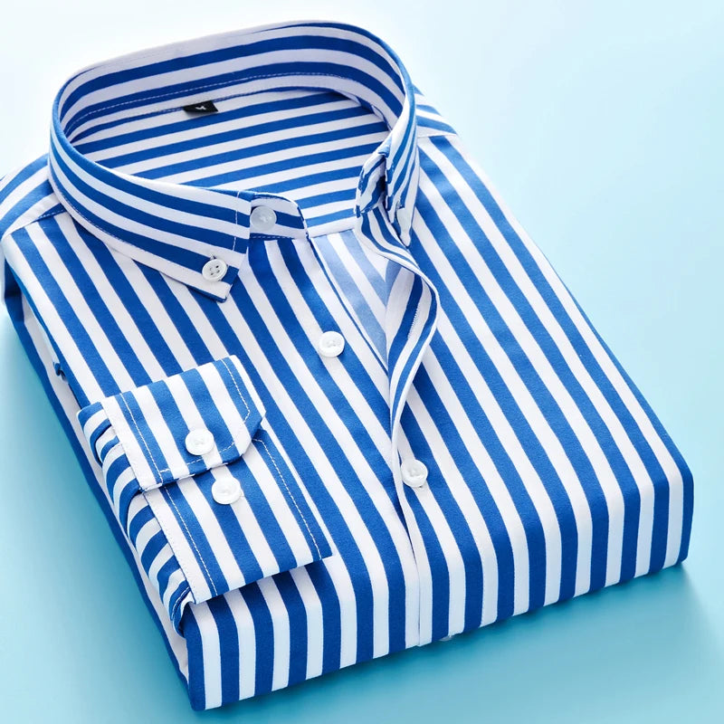 Mens Business Casual Long Sleeved Shirt Men M- 5XL Plus Size Shirt Classic Striped Male Social Dress Shirts Outwear