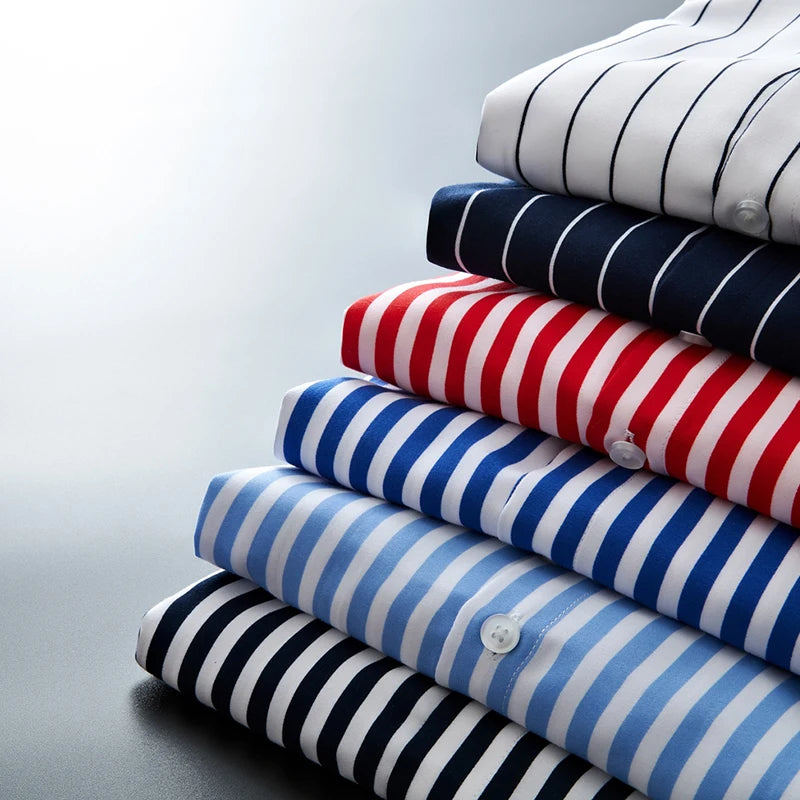 Mens Business Casual Long Sleeved Shirt Men M- 5XL Plus Size Shirt Classic Striped Male Social Dress Shirts Outwear