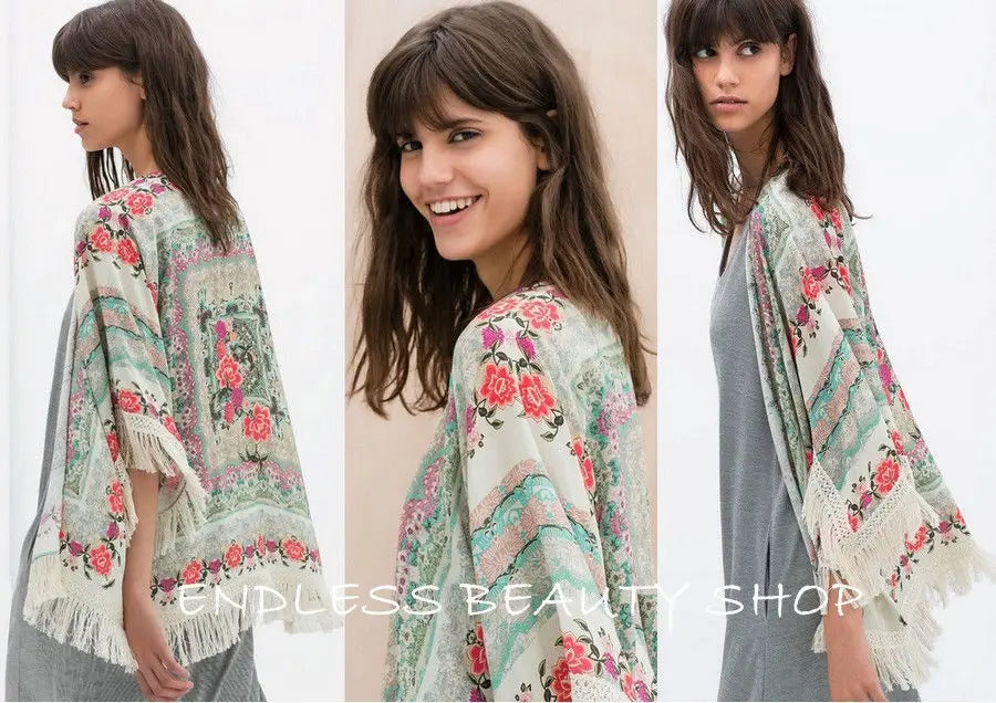 New Fashion Shirts Women Fringe Floral Kimono Cardigan Tassels Beach Cover-Up Cape Blouse Woman Tops