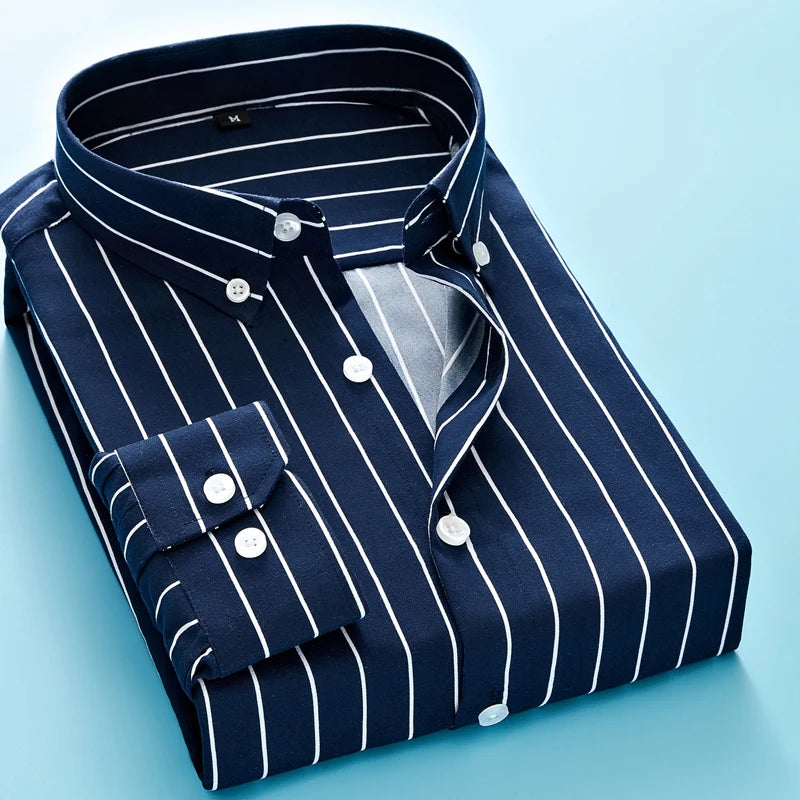 Mens Business Casual Long Sleeved Shirt Men M- 5XL Plus Size Shirt Classic Striped Male Social Dress Shirts Outwear