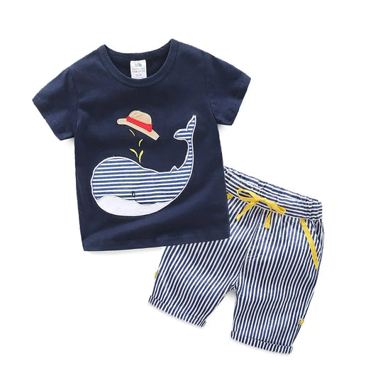 Summer 2 3 4 6 8 10 Years Cartoon Whale Fish Print T-Shirt+Striped Shorts Drawstring Handsome 2 Piece Kids Boy Casual Sets