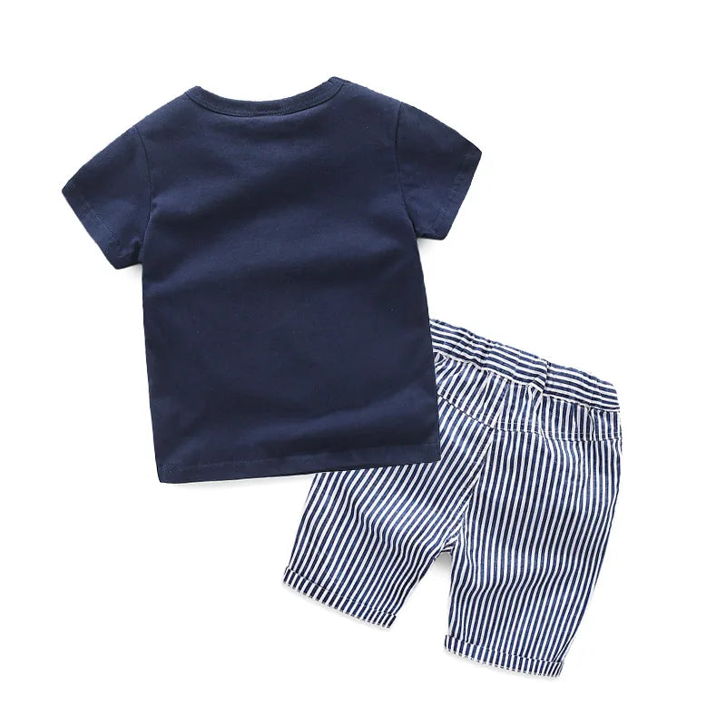 Summer 2 3 4 6 8 10 Years Cartoon Whale Fish Print T-Shirt+Striped Shorts Drawstring Handsome 2 Piece Kids Boy Casual Sets