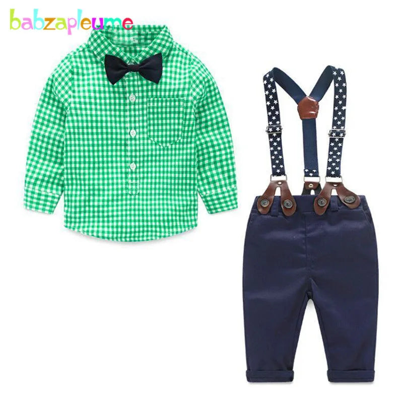 Spring Boys Outfit Set Korean Fashion Gentleman Plaid Cotton Tops+Pants+Strap+Tie Baby Clothing Newborn Clothes
