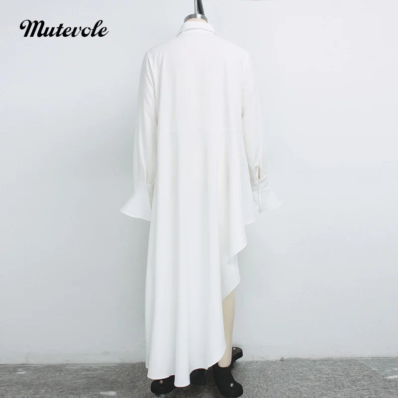 Casual Flare Sleeve Irregular Blouse Shirt Women Sexy Asymmetrical Long Shirt Fashion Front Button White High Low Tops
