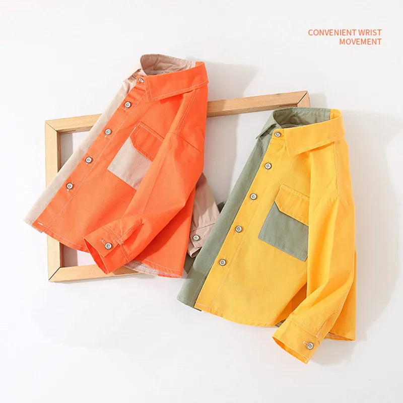 Spring Autumn New Design 2 3 4 5 6  8 10 Years Children Long Sleeve Pocket Color Patchwork Cotton Shirt For Baby Kids Boys