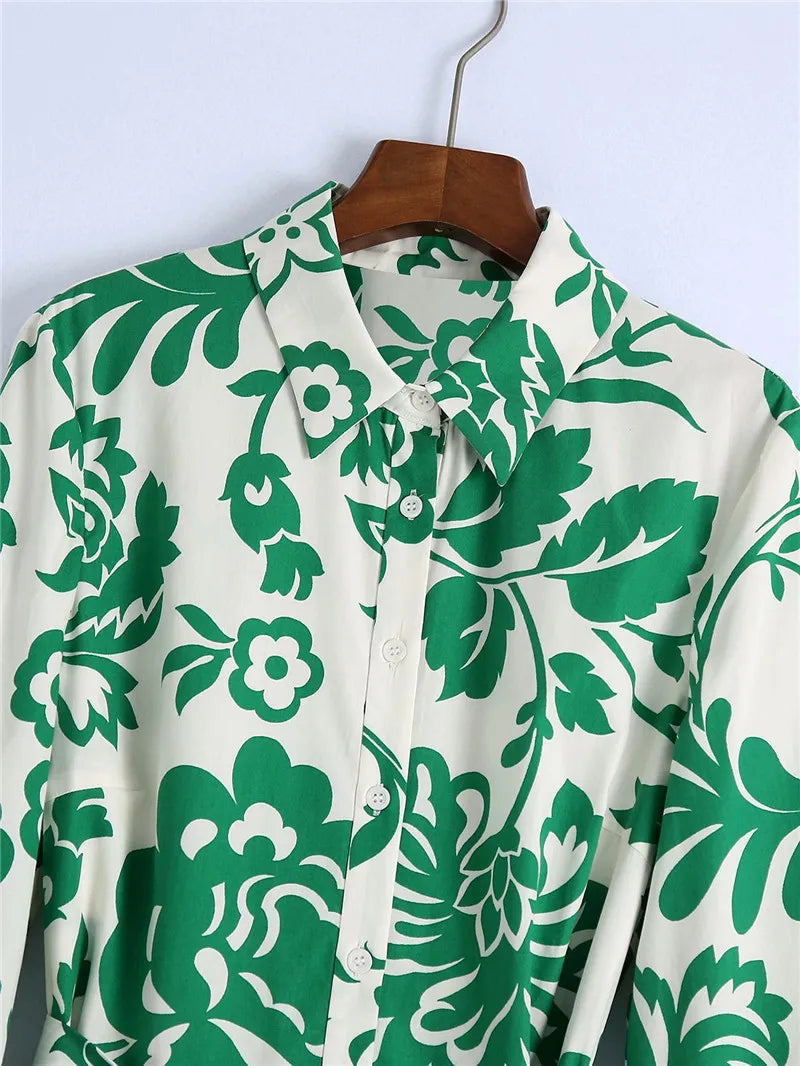Women Green Floral Midi Dress With Belt Vintage Three Quarter Sleeve Dress Female Outwear Vestidos