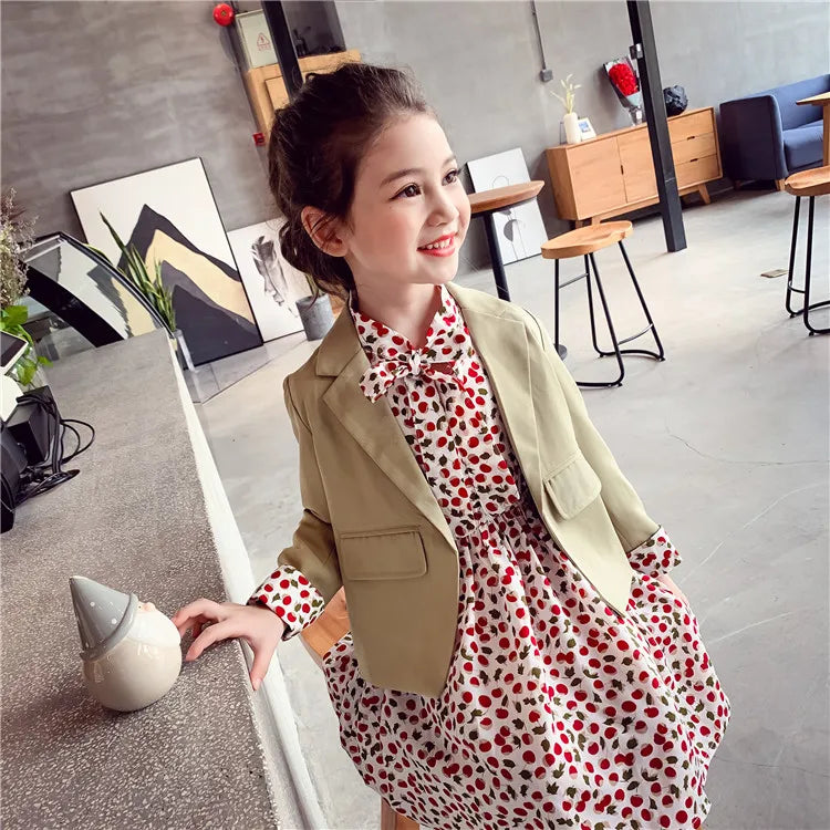 Kids School Outfits Blazer Jacket + Dress 2PCS Tuxedos Suit for Girls Formal Wedding Suit Sets Children Clothes 4 6 8 10 14 Year